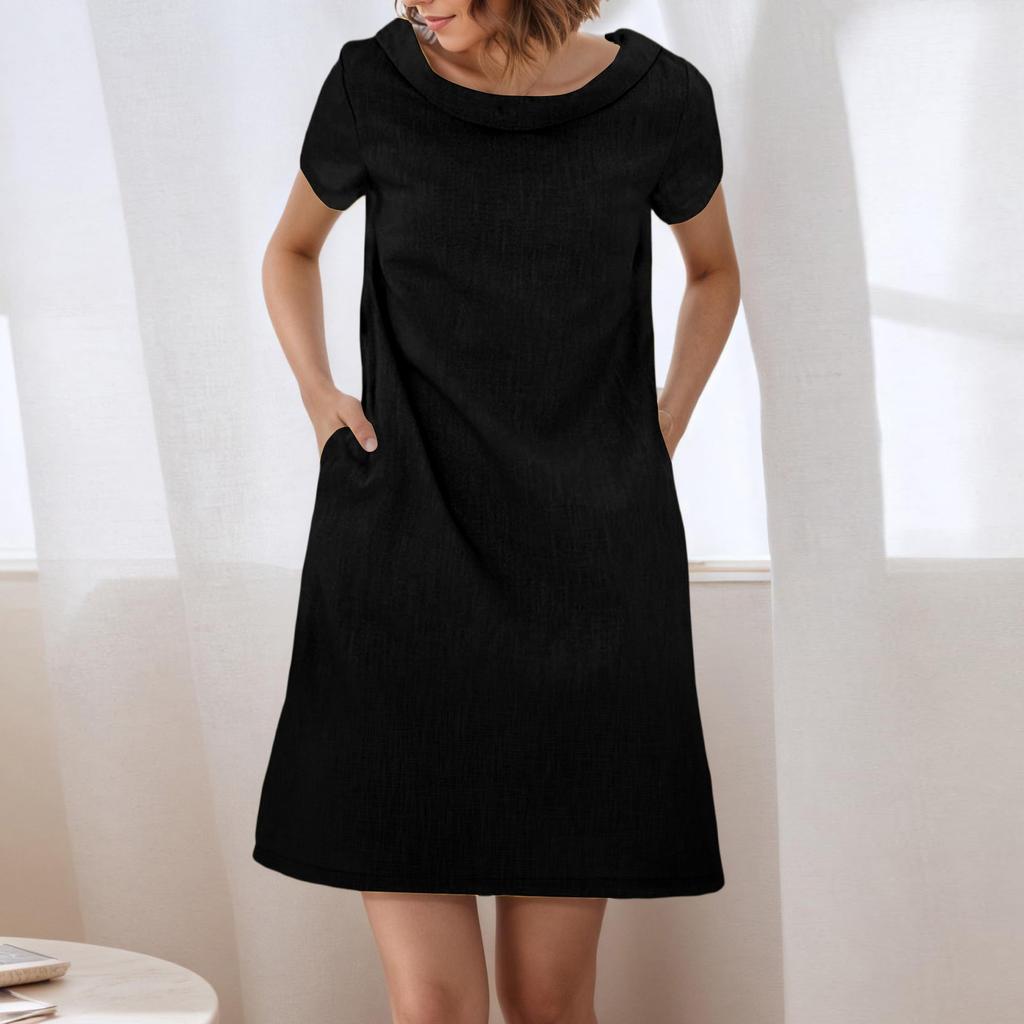Damenkleid Sommer Lässig Locker Kurzarm Strandhemdkleid Mit Taschen