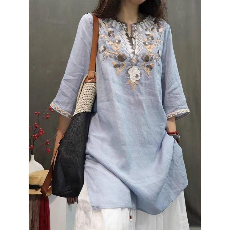 Summer Heavy Industry Women's Vintage Embroidered Medium-length Loose Cotton and Linen Stylish Casual Pullover Top