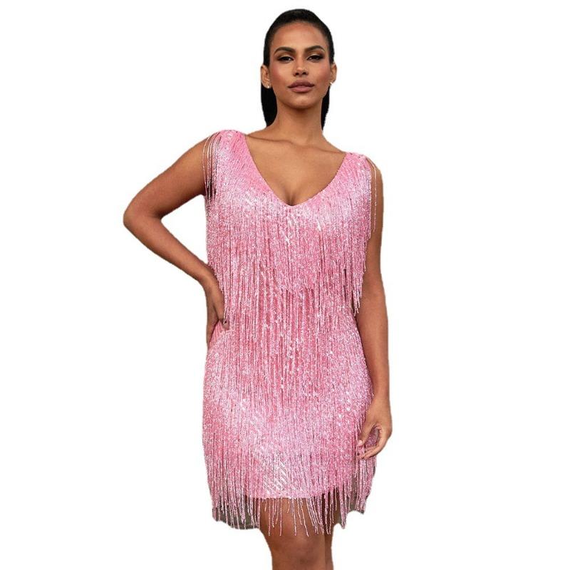 New, New Fringed Beaded Sleeveless Dress, Evening Dress