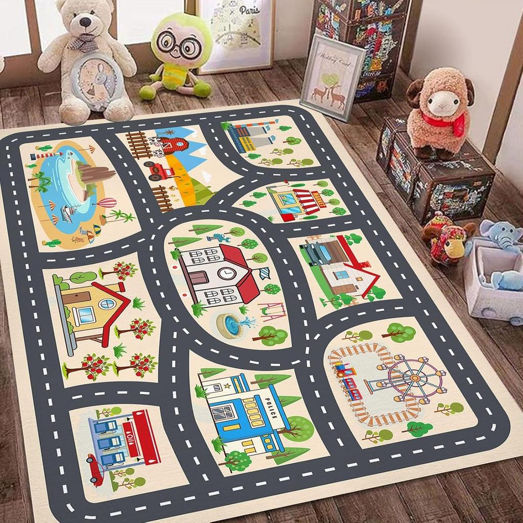 Educational Kids Car Play Rug for Playroom and Classroom, Non-Slip City Life Carpet for Toy Cars, Ideal Gift for Boys and Girls