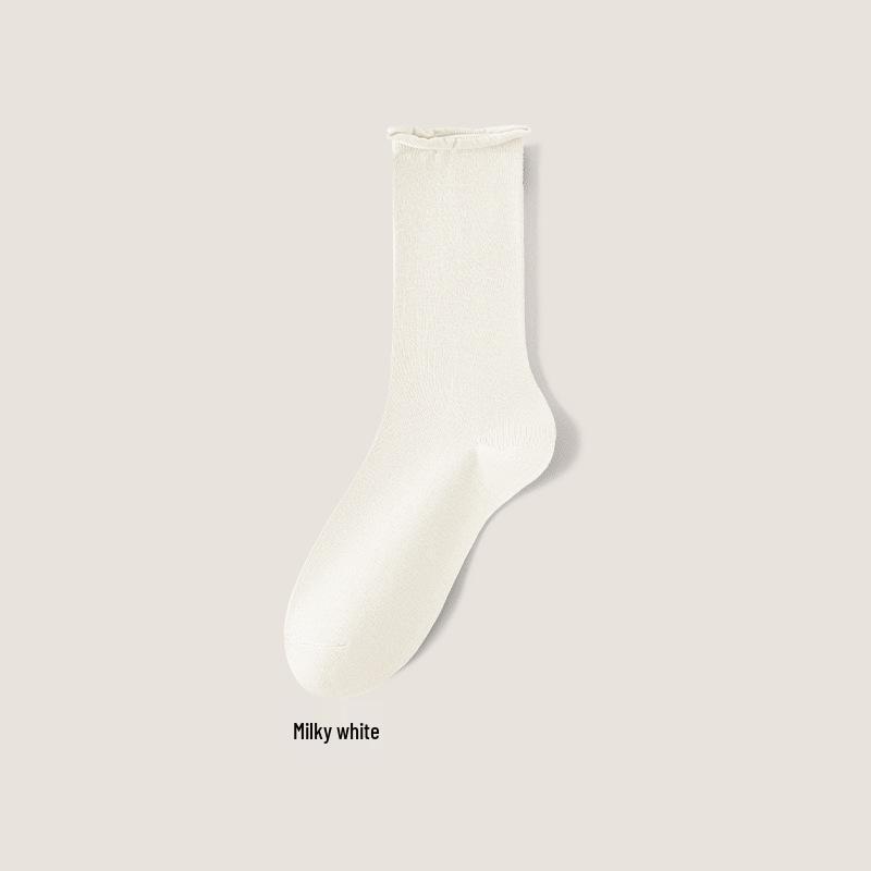 Women's Mid-Calf Cotton Socks: Spring/Autumn Style, Solid Color, Rolled Cuff, Loose Fit, Breathable, Sweat-Absorbent.