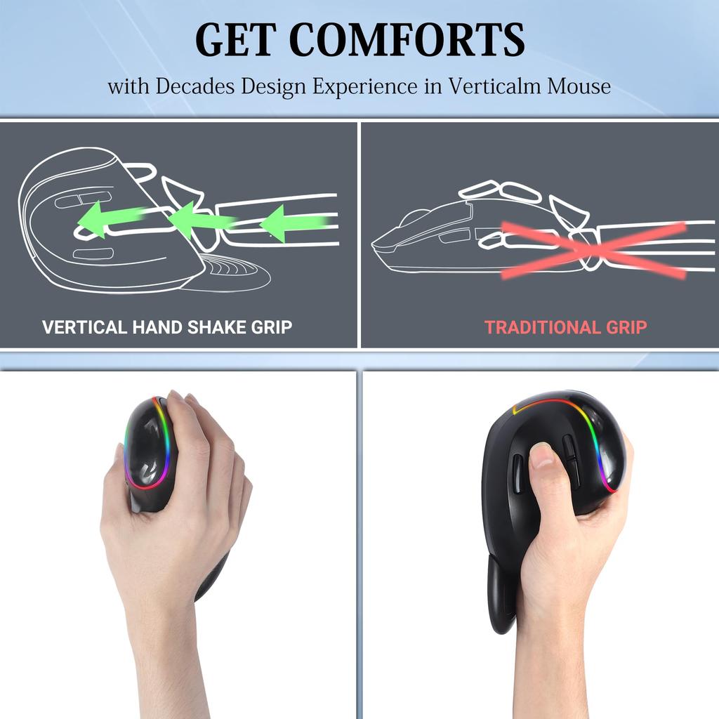 Vertical Wireless Mouse, USB, Bluetooth 5.1 Connection, 3 Modes, Large Size, RGB Lighting, Silent Operation, Rechargeable, 7 Buttons, Ergonomic