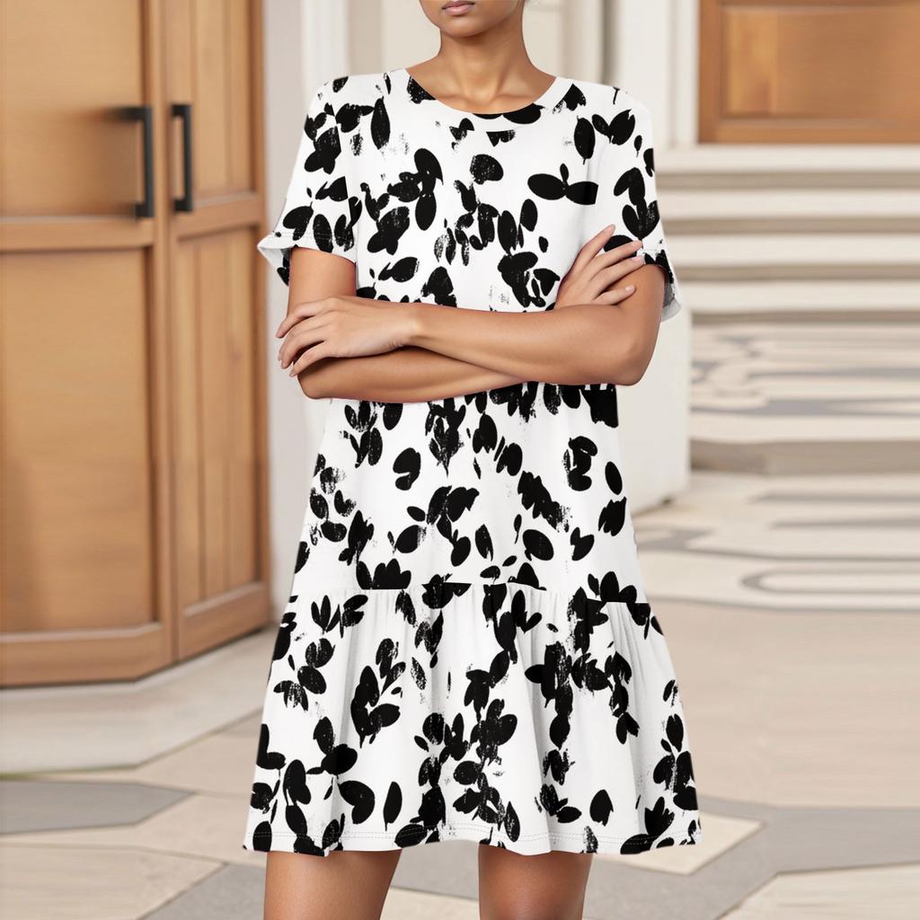 Damska Moda Casual Sukienka z Okrągłym Dekoltem i Krótkim Rękawem z Nadrukiem Liści i Kwiatów