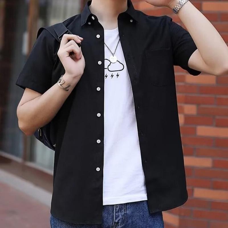 

Men s short-sleeved shirt casual solid color shirt youth simple fashion trend ins Harajuku business shirt top M чёрный