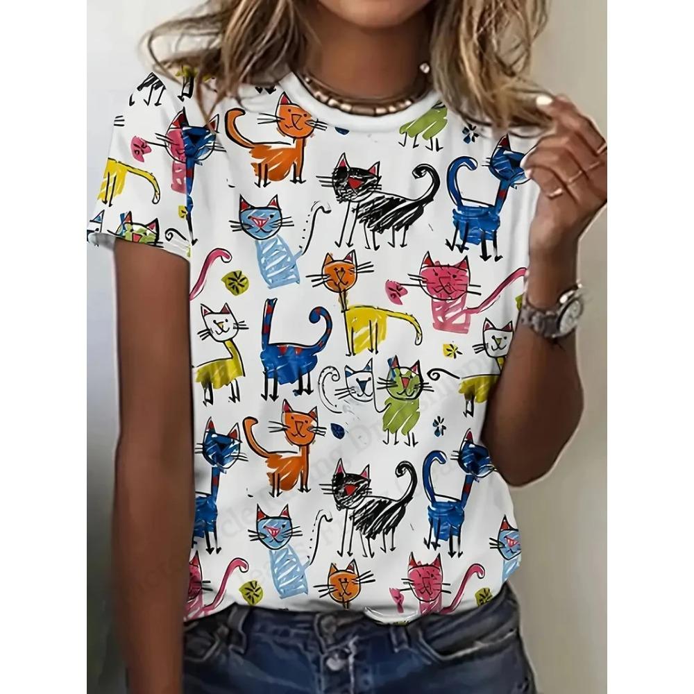 Anime Cat and Duck 3D Printed Pattern T-shirt for Women, Fashionable and Casual Cartoon Plus Size Short Sleeved Top T-shirt for Women, Clothing Animal