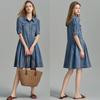 Demana Women's Lapel Puff Sleeve Pleated Denim Dress