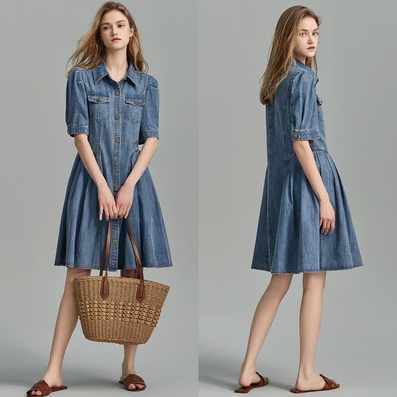 Demana Women's Lapel Puff Sleeve Pleated Denim Dress