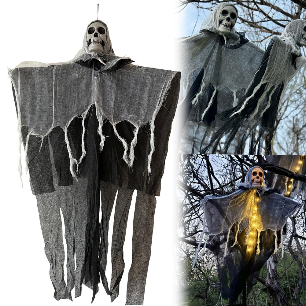 Hanging Skull Horror Ghost with LED Lights Patio Porch Skull Prop for Haunted House Halloween Party Decoration