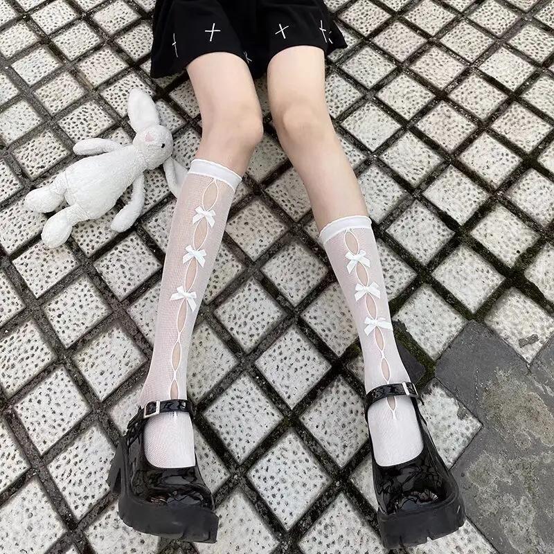 Lolita Summer Thin Girls Stockings Girls Summer JK Black White Calf Socks Japanese Lace Bow Hollow Mid-thigh Tignts Long Socks