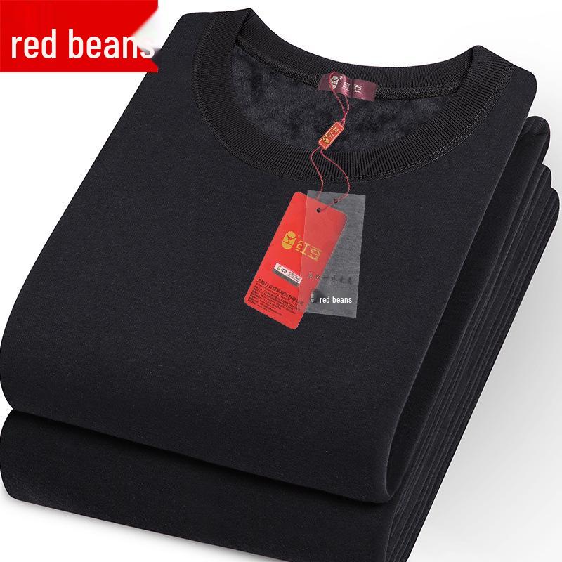 Men's Red Bean Warm Underwear Set: Plus Velvet Mid-Neck Top & Pants, Cotton Wool Sweater for Autumn/Winter