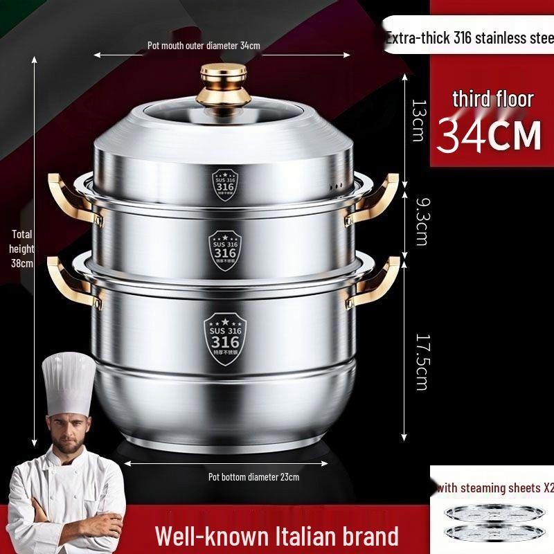 Großvolumiger Dampfkochtopf aus 316 Edelstahl mit 2/3/4 Einsätzen für Suppe, Mantou und Fisch