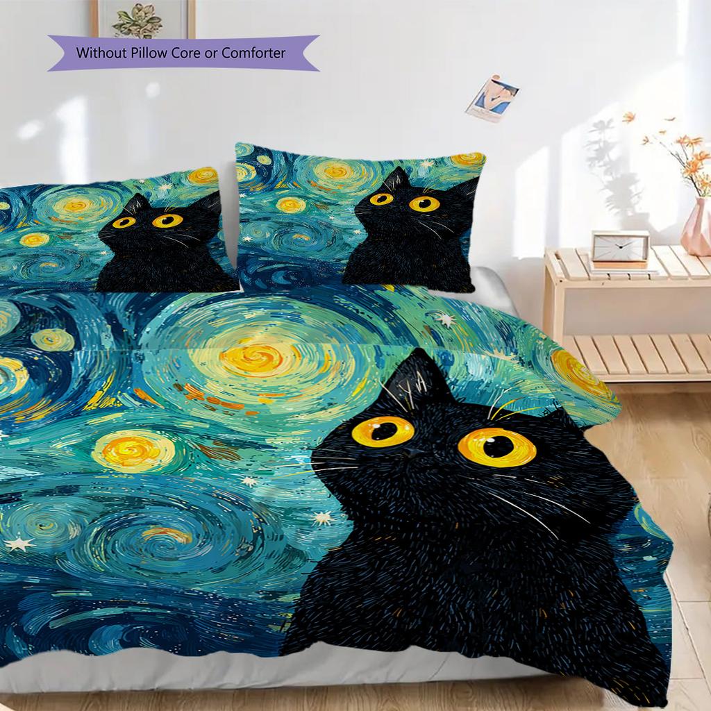 Black Cat Pattern Bedding Quilt Set Quilt Cover Pillowcase Home Decoration Birthday Gift (1 * duvet cover + 2 * pillowcase, without core)