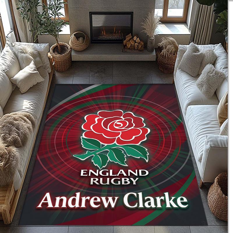 England Rugby Crystal Velvet Rug, Custom Name Text Personalized Non‑Slip Floor Mat for Home Decor Gift
