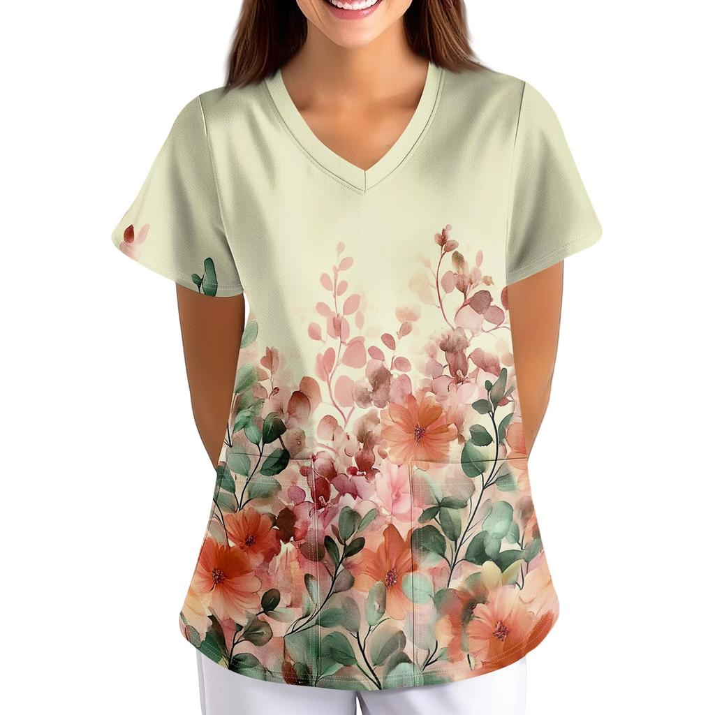 Women's Floral Print Loose Fit V Neck Short Sleeve Work Scrub Top with Pockets for Healthcare Professionals Nursing Uniform
