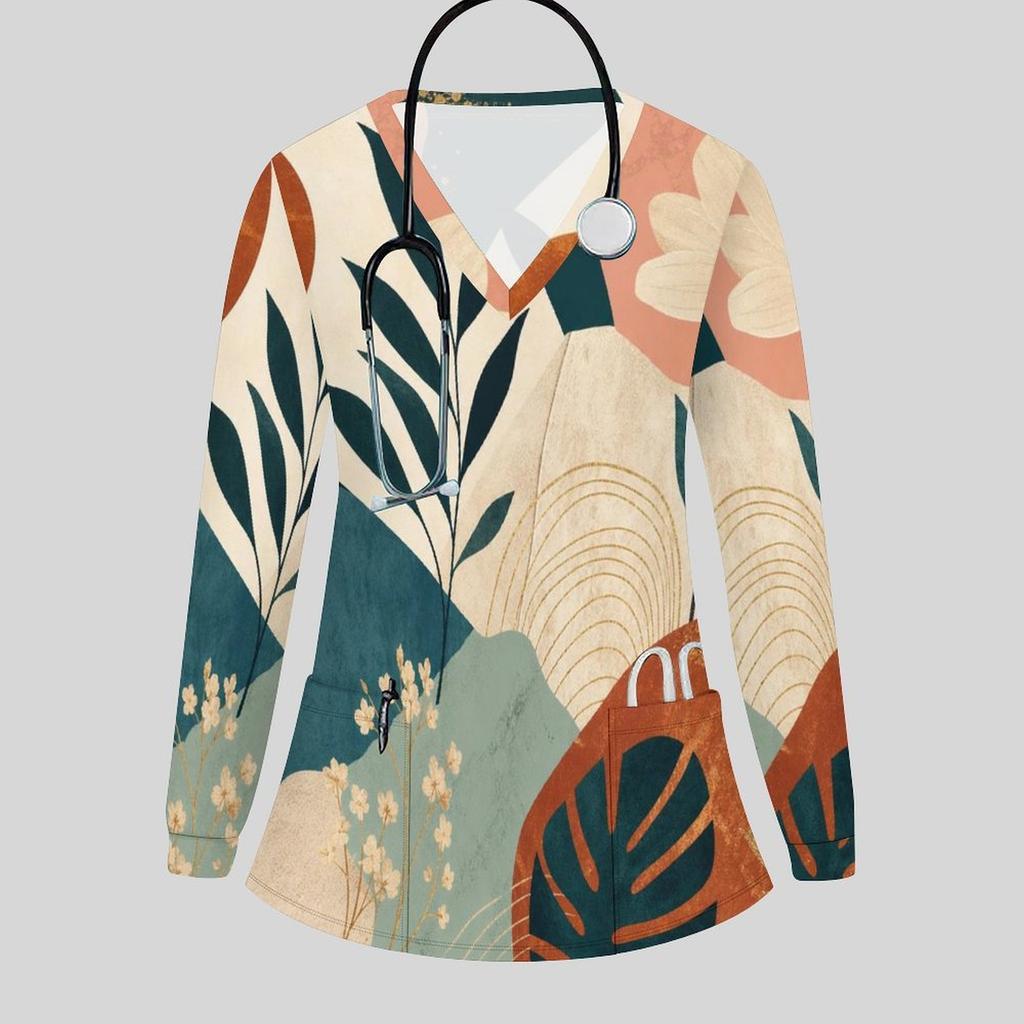 Women Plus Size Floral Leaf Print Scrub Top V Neck Long Sleeve With Front Pockets