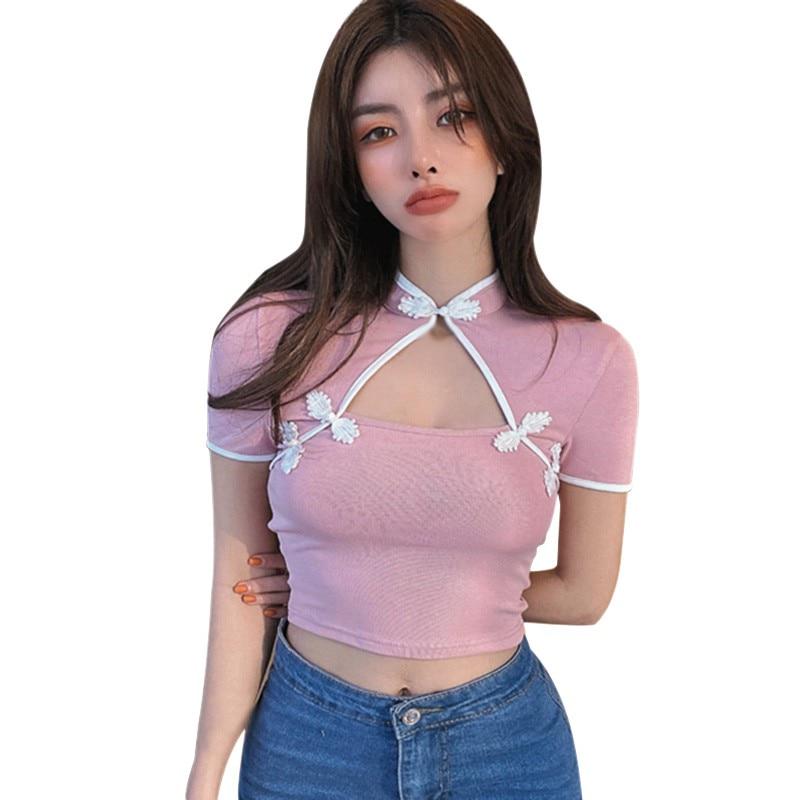 

Женская контрастная цветная сексуальная футболка с коротким рукавом Cheongsam M