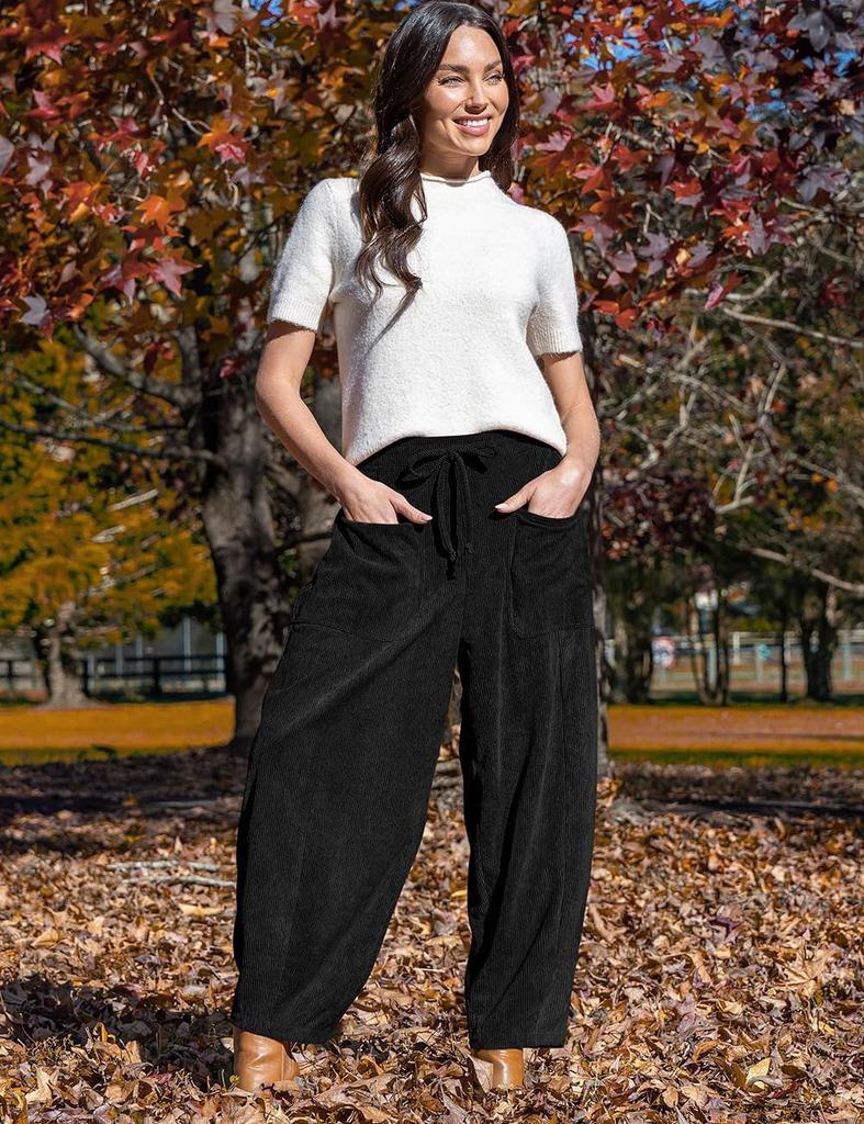 Women Corduroy Pants High Waist Drawstring Pocket Wide Leg Pants Casual Loose Fit Long Trousers Solid Color