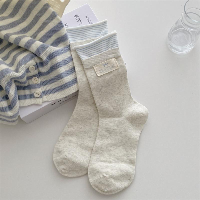 

Korean White And Blue Cloth Label Summer Thin Socks Women S Mid-Leg Socks Cotton Bow Shell Accessories Wind Pile Socks One size fits all