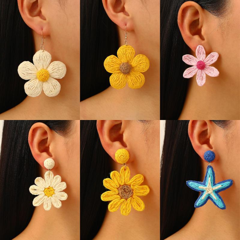 

Summer Flower Starfish Dangle Earrings Women Handmade Raffia Dopamine Vacation Style Exaggerated Boho Beach Accessories