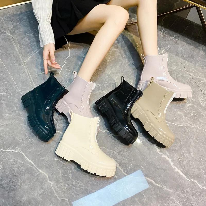 Fashion Women Thick Soled Rain Boots Non-Slip Fashion Outdoor Wear-resistant Rubber Waterproof Shoes Women Jelly Soft Soled Rain Boots