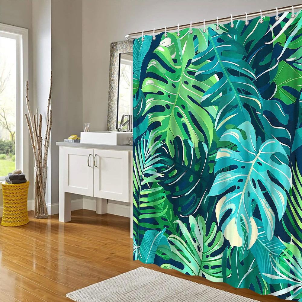 1Pc Tropical Monstera Leaf Shower Curtain - Lush Green Botanical Design, Modern Polyester Fabric, 12 Hooks, 70.8X70.8 Inches,