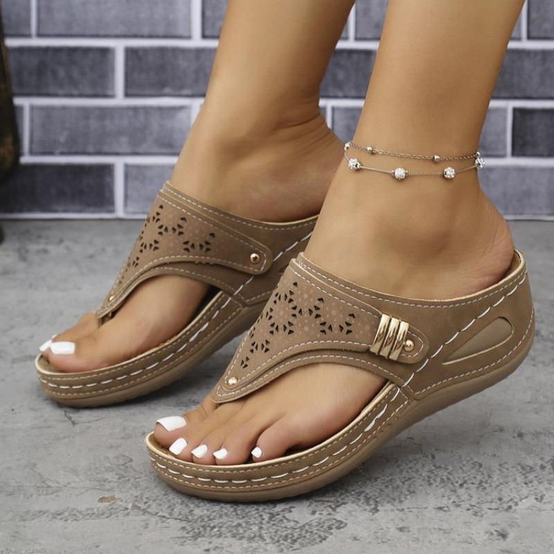 Large size solid color summer new round head thick bottom fashion hollow out wear flip-flop sandals women