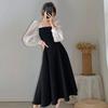 Kadın Elbise Uzun Kollu Patchwork Düz Renk Bol Kare Yaka Elbise Kıyafet Orta Baldır Uzunluğu Vintage Bahar Elbisesi Mezuniyet Balosu İçin