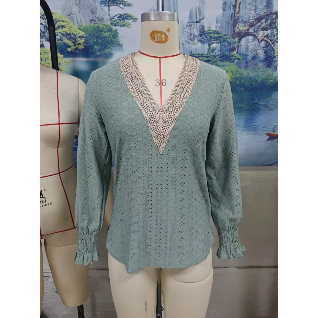 Fall Winter New Solid Color V-Neck Lace Splicing Loose Long Sleeve T-Shirt Top for Amazon EU US Cross-border Trade