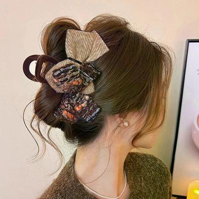 Retro Autumn And Winter Wool-blend Color-block Double Bow Hair Clip For Women Girls Large Shark Clip Hair Accessories