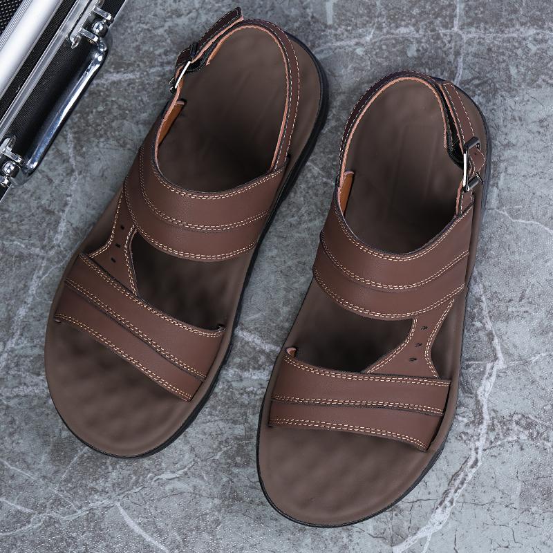 Men Black Leather Sandals Summer Brown Outdoor Hiking Sandals White Wide Head Open Toe Beach Shoes for Father Over Sized