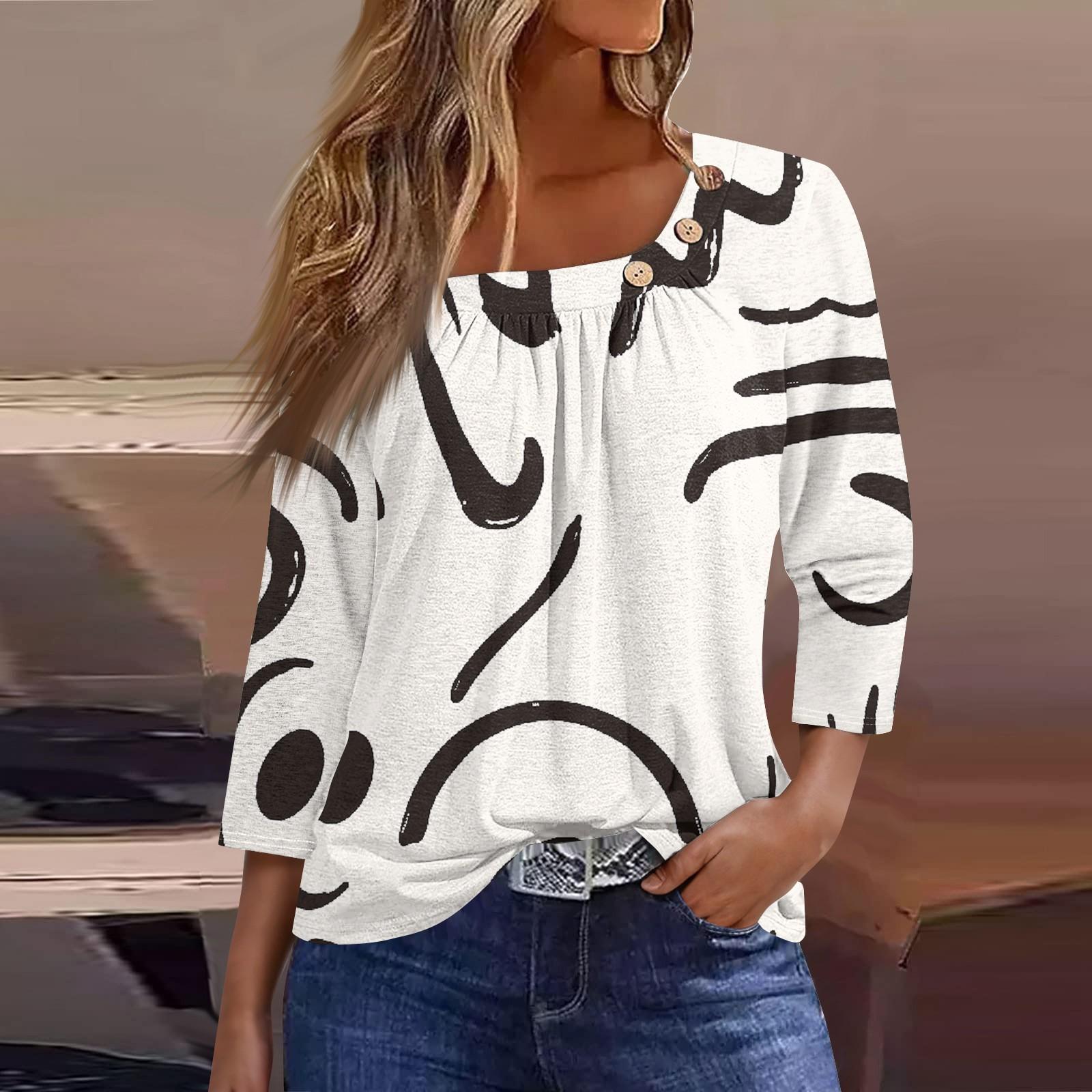 

Жен. Футболка Футболка С принтом Пуговицы Рукав 3/4 Повседневные Выходные Мода Классический Классический Верх L бежевый