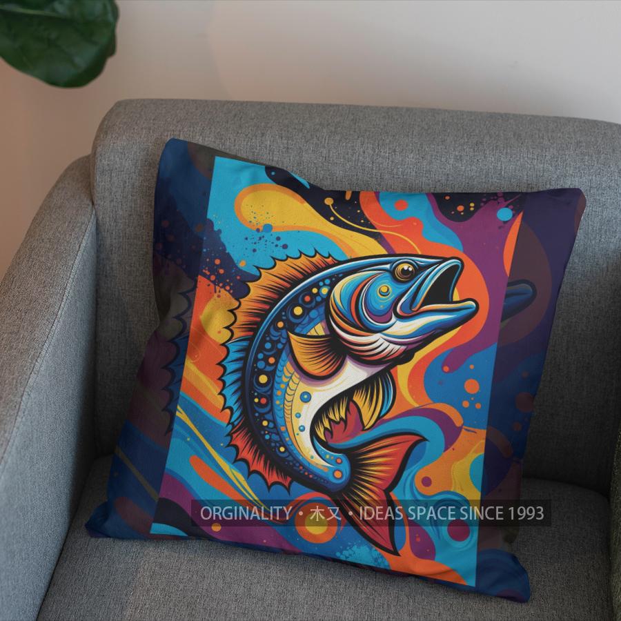 2D Colorful Tribal Fish Pattern Throw Pillow Pattern Cushion Cover Suitable For Sofa Bedroom Car Pillow Cover