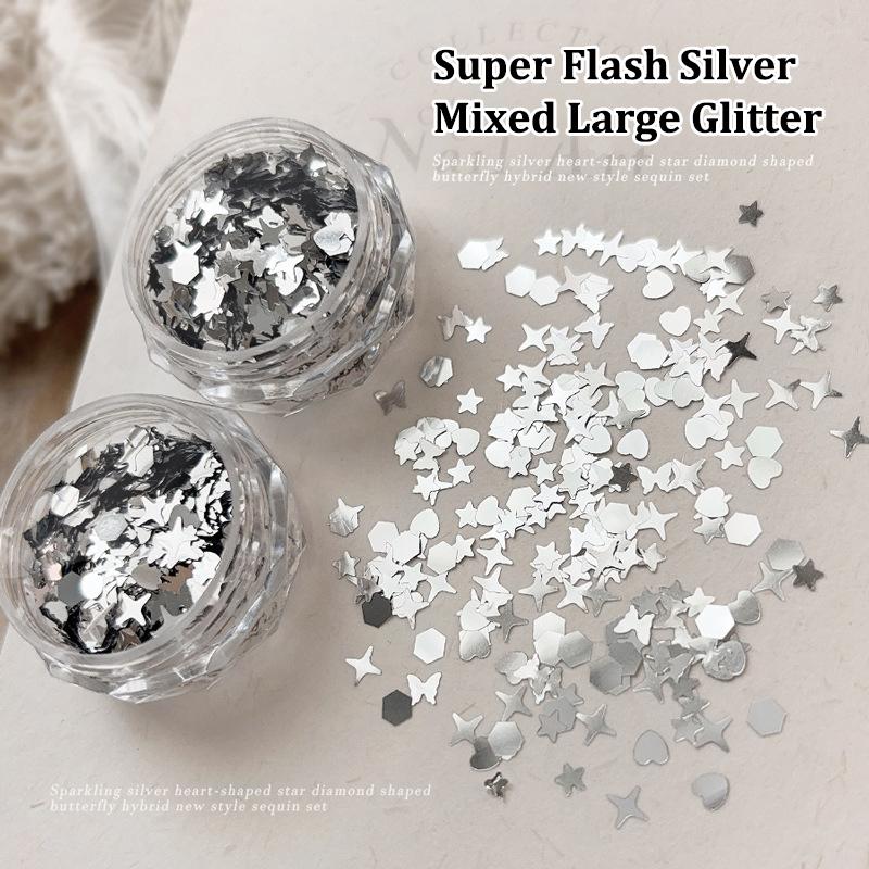 1 Jar Shiny Silver Sequins Mix Shapes Starlight Love Butterfly Star Slice Nail Art Stickers Decals Manicure Paillette Charms