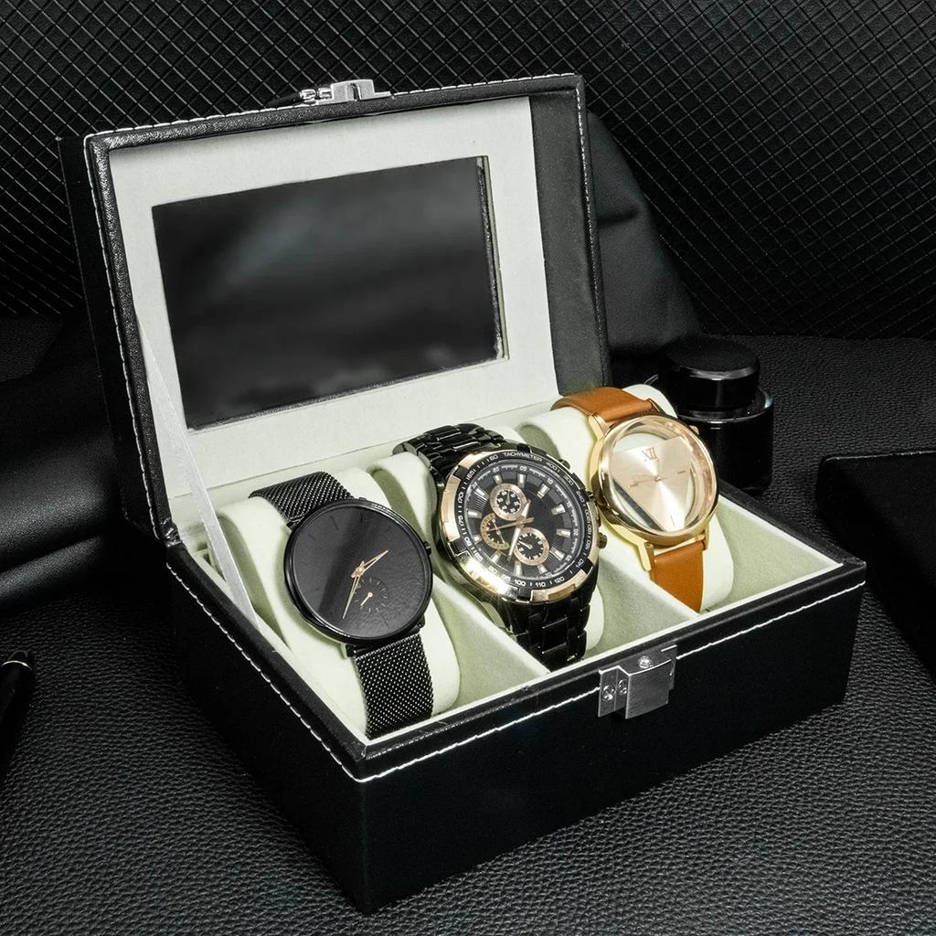 Hot Sale PU Leather Display Storage 2/3/6/10/12 Girds Collection Organizer Watch Box For Men Watch Display Case With Glass Top