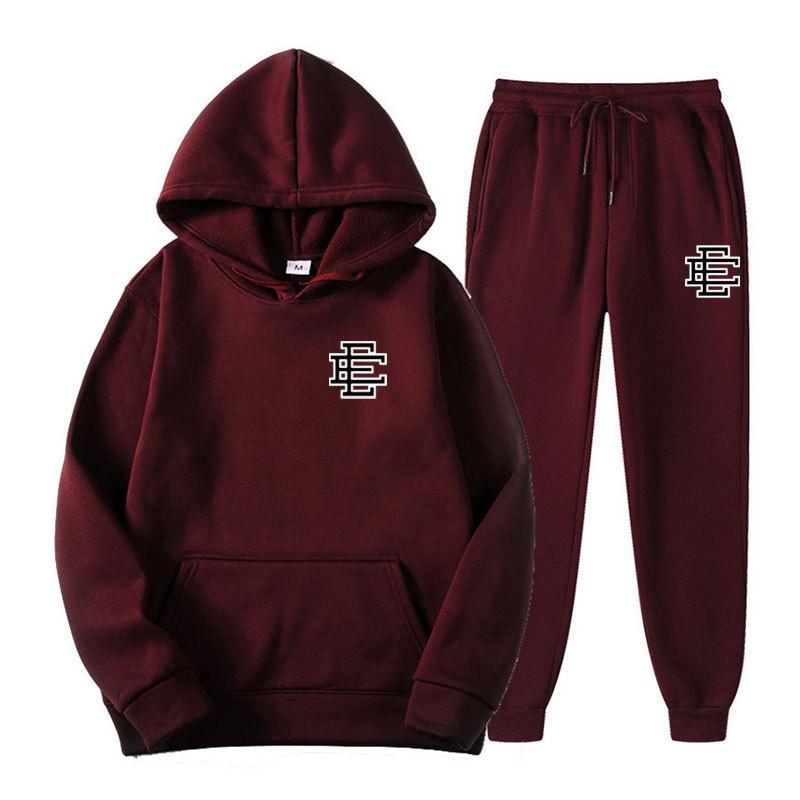 Unisex Casual Hooded Fleece-Lined Sweatshirt Pants Set Sporty Solid Color Outfit Fall