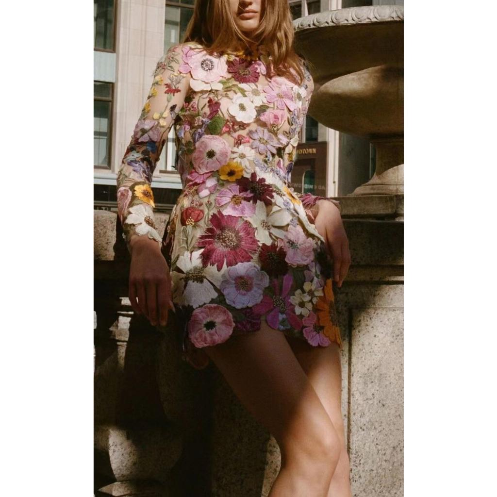 Spring Summer Women's European American Style 3D Flower Fashion Short Sexy Bodycon Mini Dress
