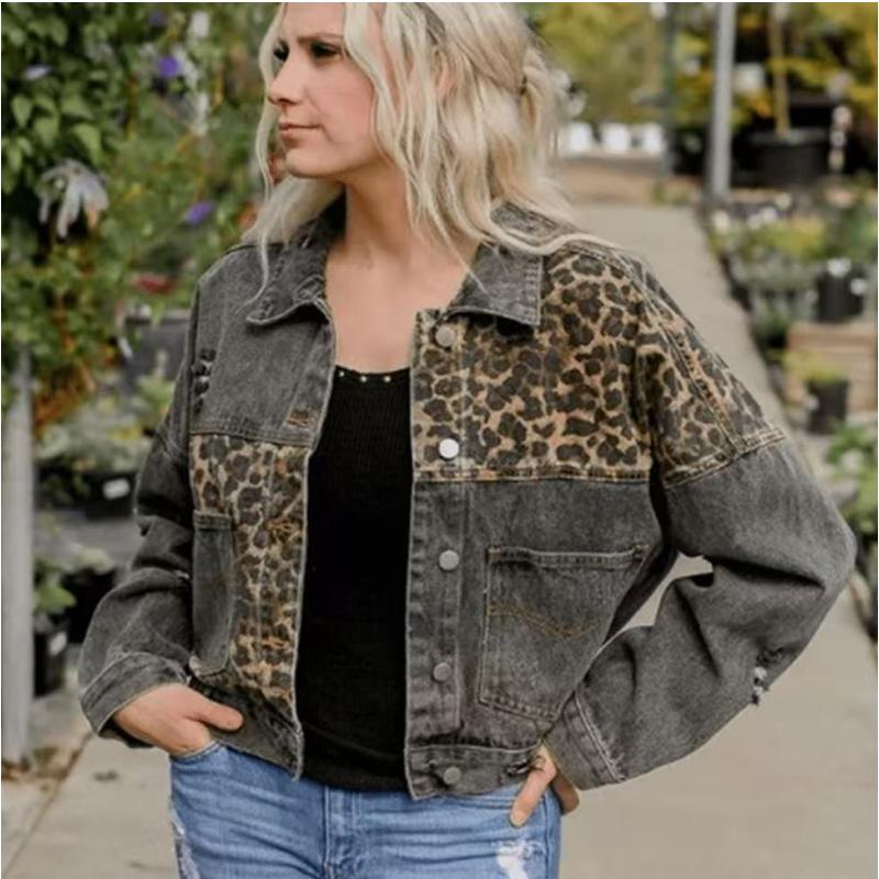 

GMXIA Осень-зима Джинсовая куртка женская с длинным рукавом Джинсовая куртка женская с леопардовым принтом в стиле пэчворк XL серый