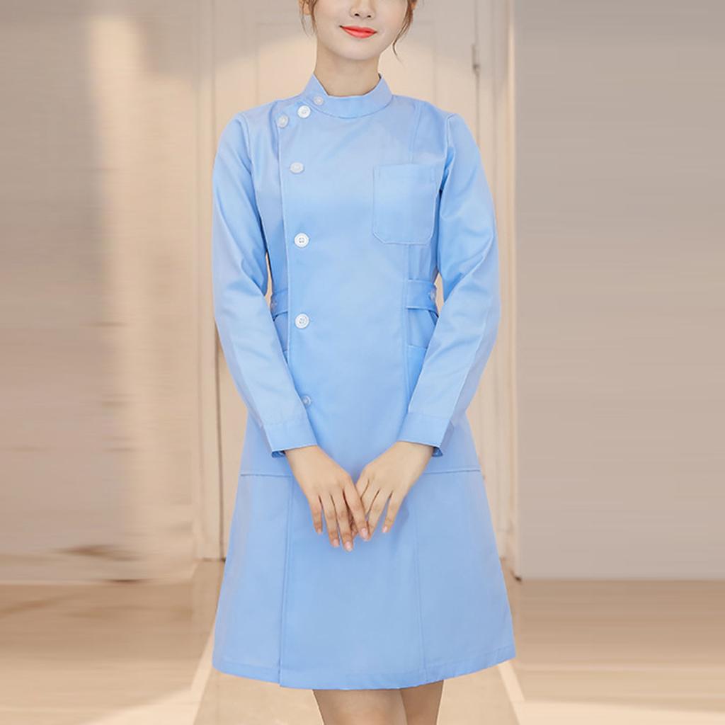Women's Fashion Bias Lapel Standing Neck Long Sleeve Solid Color  Uniform Dresses