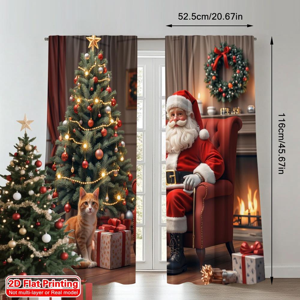 2pcs 2D Flat Printing Christmas Party Curtain Christmas Santa Fireplace Cat 100% Polyester Without Electricity 0 for