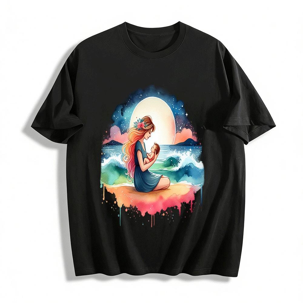 Mother And Baby Moonlit Beach Print Casual T-Shirt Pure cotton T-shirt XXS