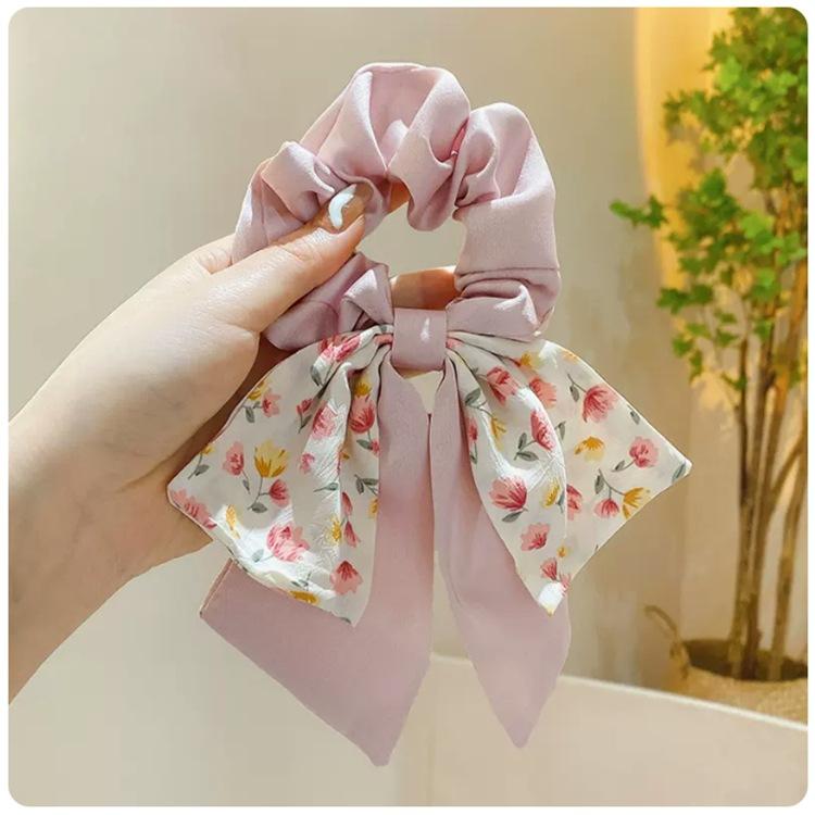 Korea Blumen Schleife Scrunchies für Frauen Satin Langes Band Pferdeschwanz Schal Mädchen Haargummis Druck Elastische Haarbänder Accessoires