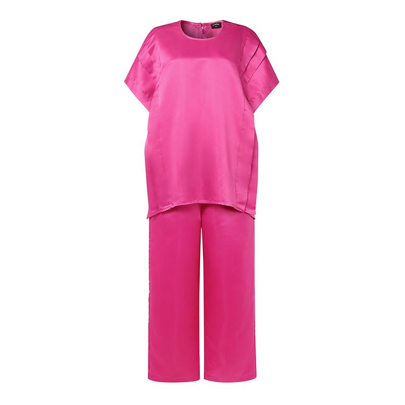 

2 шт. Женские комплекты из двух предметов: топы с рукавами «летучая мышь» с высоким низом и брюки, тонкие атласные комплекты 5XL темно-розовый