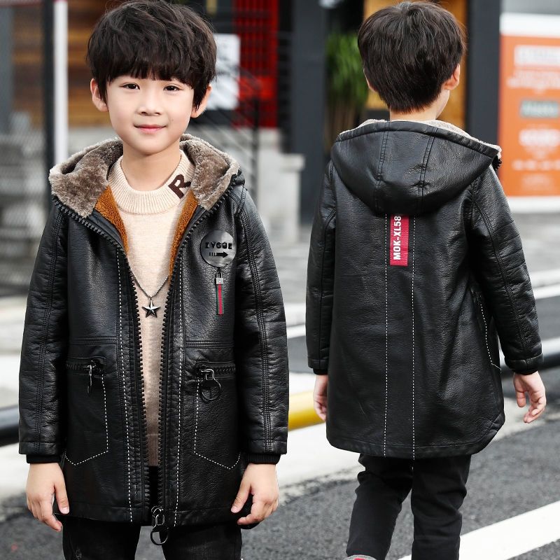 Lässige Jungen-Lederjacke mit Fleecefutter für Herbst/Winter – Mittellange, verdickte Kinderjacke