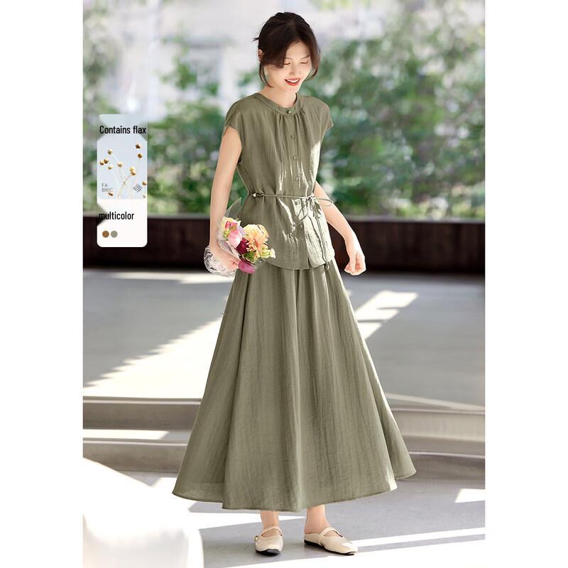 XWI Women's Linen Blend Relaxed Shirt & Skirt Set
