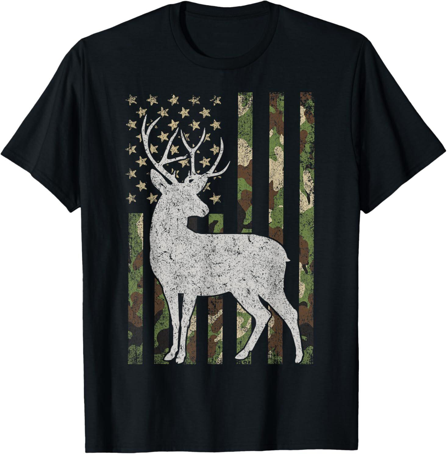 Whitetail Buck Deer Hunting American Camouflage USA Flag T-Shirt Mens Womens Tees Top L