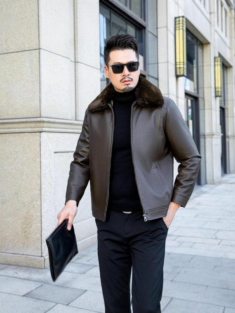 Men's Winter Casual Lapel Leather Jacket with Plus Velvet, Suitable for Middle-aged and Elderly.