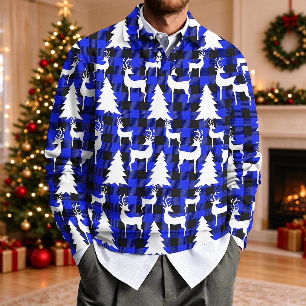 Men's Casual Loose Fit Long Sleeve Collared Shirt with Christmas Print for Holiday Parties