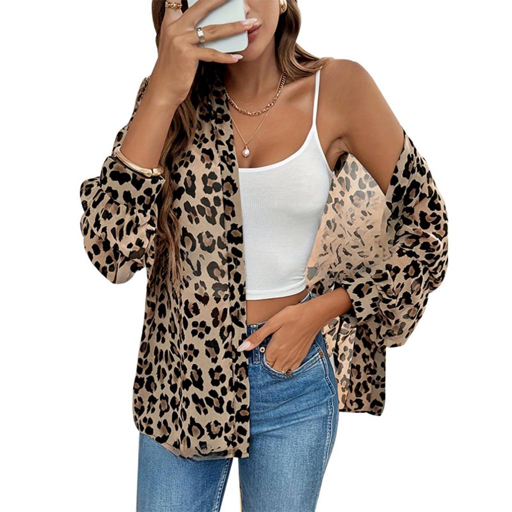 New Elegant Leopard Print Long Sleeve Loose Blouse Top for Women, Casual Shirt for European American Crossborder