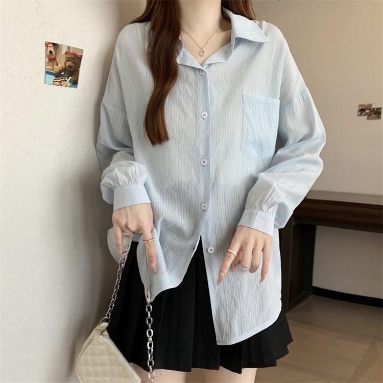 

Women s Plus Size Retro Blue Long Sleeve Shirt for Spring and Autumn 4XL небо синє кольору