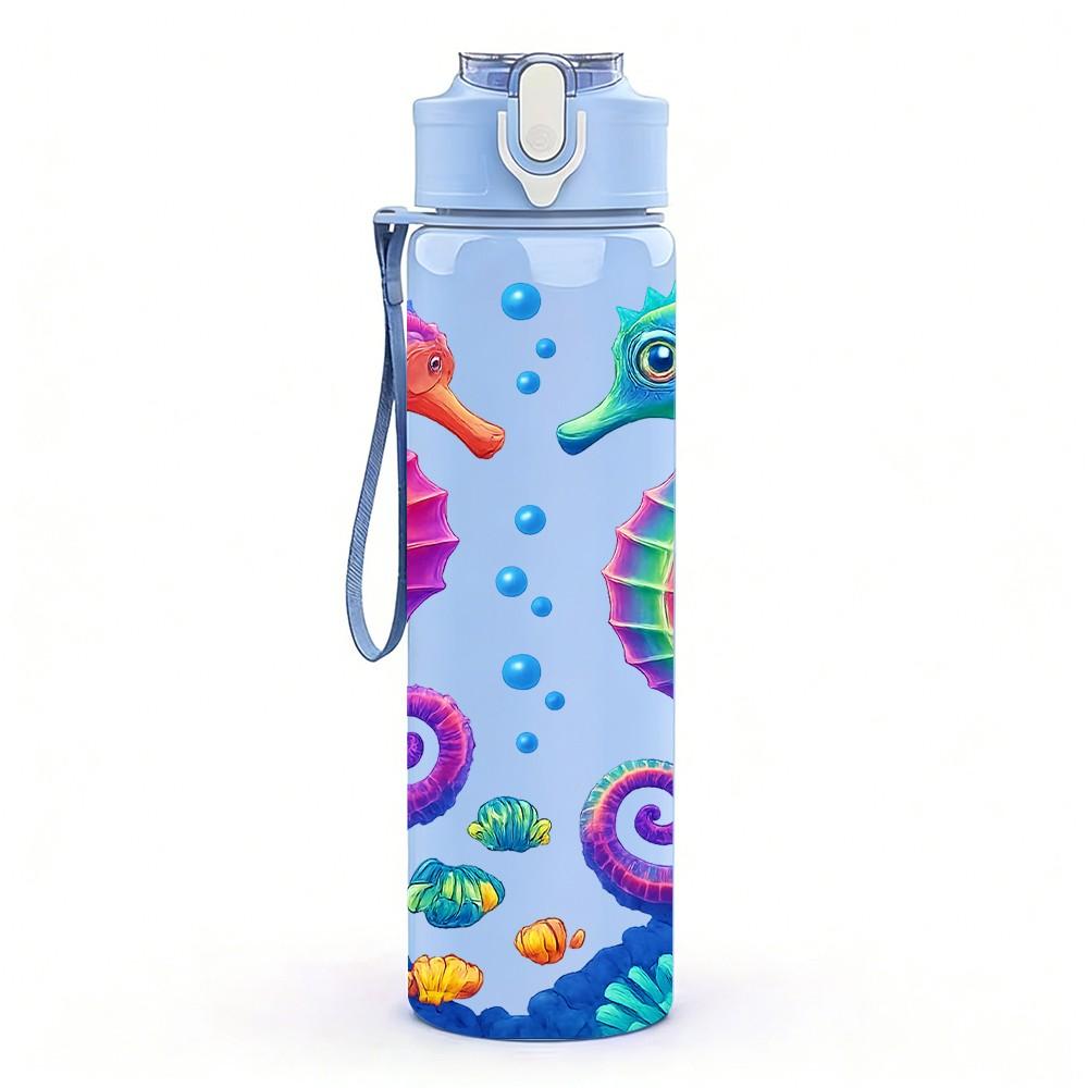 1PC Colorful Seahorse Ocean Pattern Print 750ml Color Plastic Sports Water Bottle Leakproof Flip Straw Lid Suitable for Sports Office Home Use